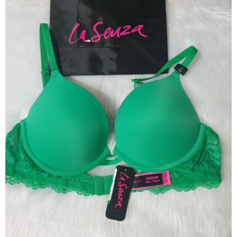 Victoria Secret Bra 36C Push Up Medium Cheeky Panty Dark Teal Green Lace  Strappy