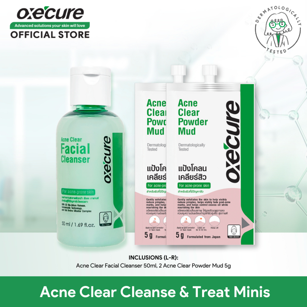 Oxecure Acne Clear Cleanse And Treat Minis Acne Clear Facial Cleanser 50ml 2x Powder Mud 5g 9655