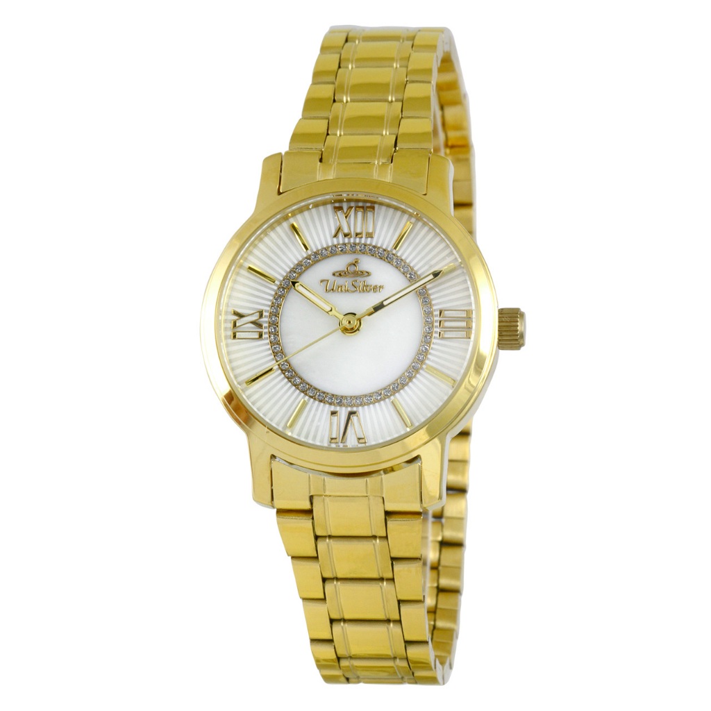 UniSilver TIME Women's large Gold / White Analog Stainless steel watch ...