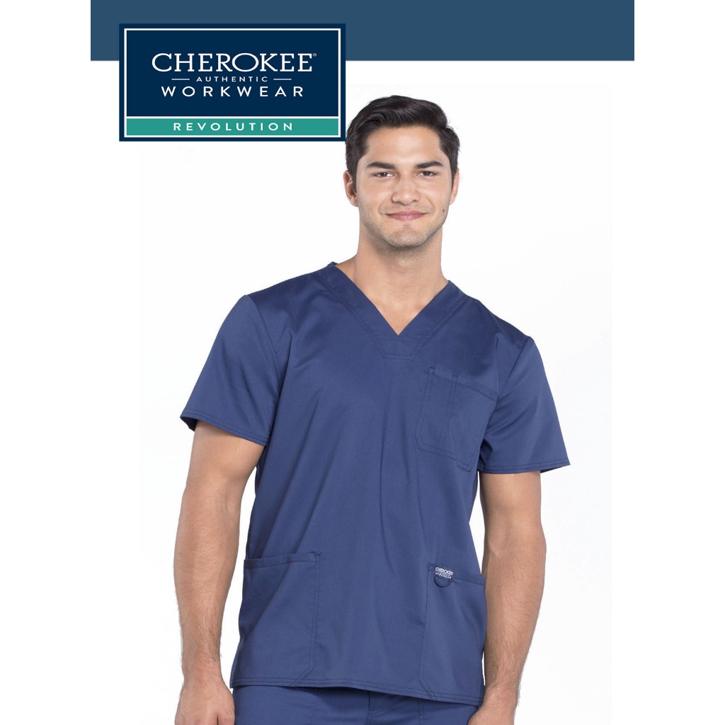 Cherokee Men's Scrub Set - V-Neck 3-Pocket Top With 7-Pocket Tapered Leg Pants For Healthcare Professionals