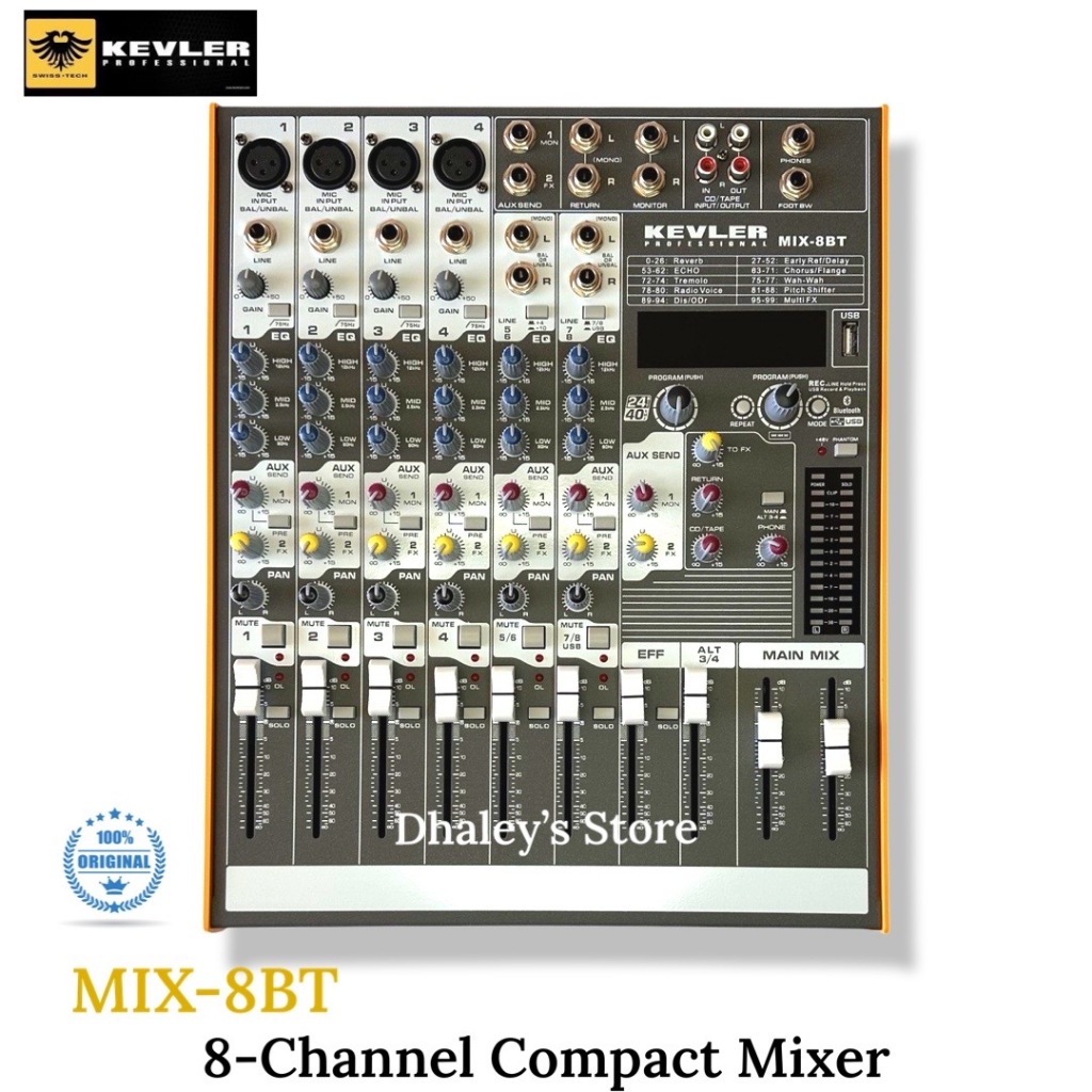 Kevler Professional MIX-8BT 8-Channel Mixer 4 Mic / Line 2 Aux Audio ...