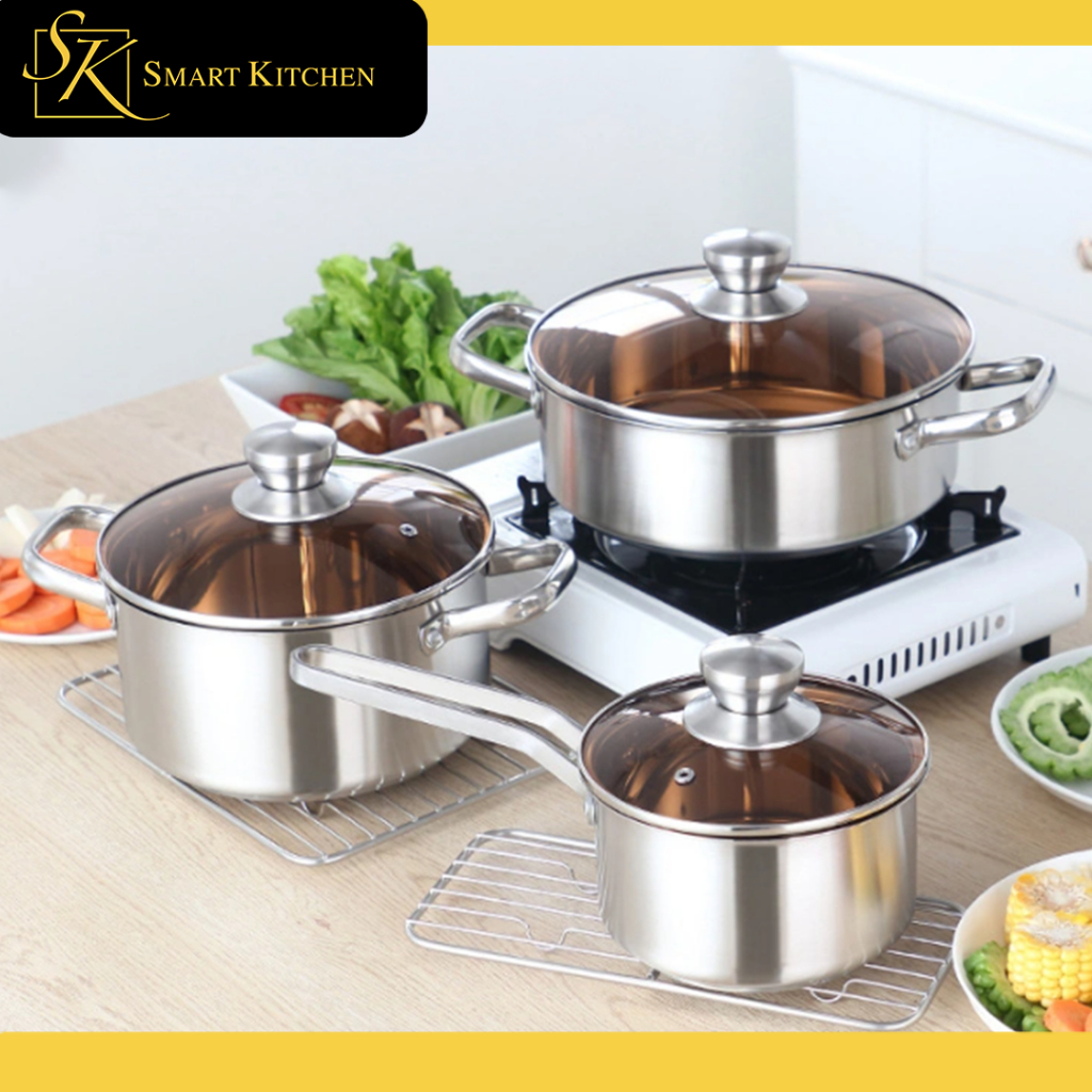 3pcs cookware set cooking tool durable & thick stainless steel glass ...