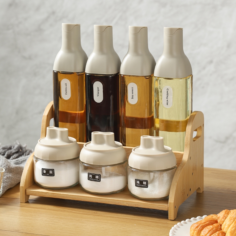 7pcs set+wooden rack salt seasoning jar storage box set household ...