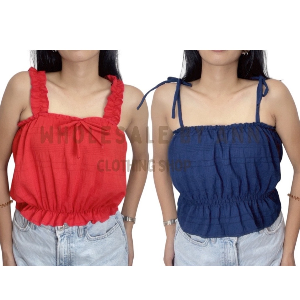 Bubble Lattice Ruffles & Tie knot Strap Crop top (Petite Size) - direct ...