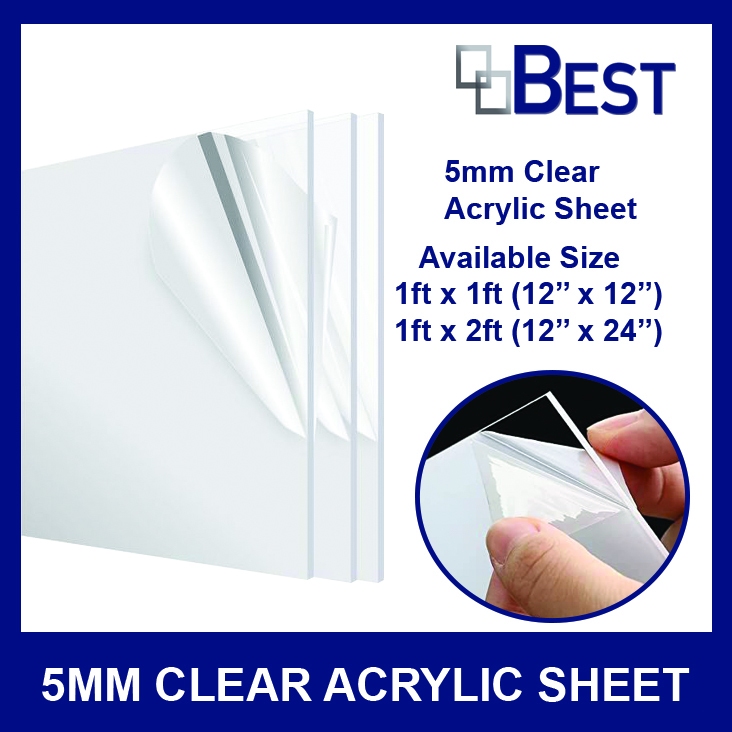 5mm Clear Acrylic Sheet 1ft x 1ft (12'' x 24'') & 2ft x 2ft (12'' x 24 ...