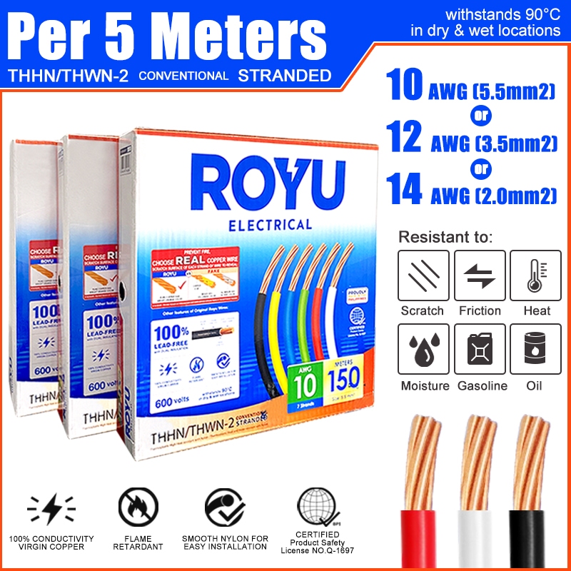 ROYU Electrical Wires Copper Solid Core Per 5 Meters THHN / THWN 7 ...