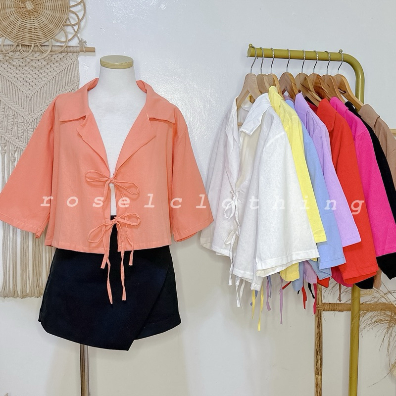 Yuna Front Ribbon Tie Polo Linen Top | Shopee Philippines