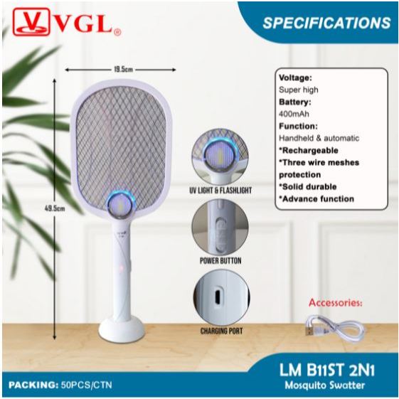 VGL RECHARGEABLE ELECTRIC MOSQUITO KILLER SWATTER RACKET 2N1 ( LM B11ST ...