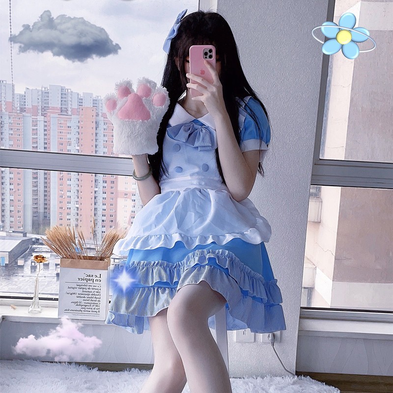 Japanese anime blue and white maid cosplay costume Lolita soft girl ...