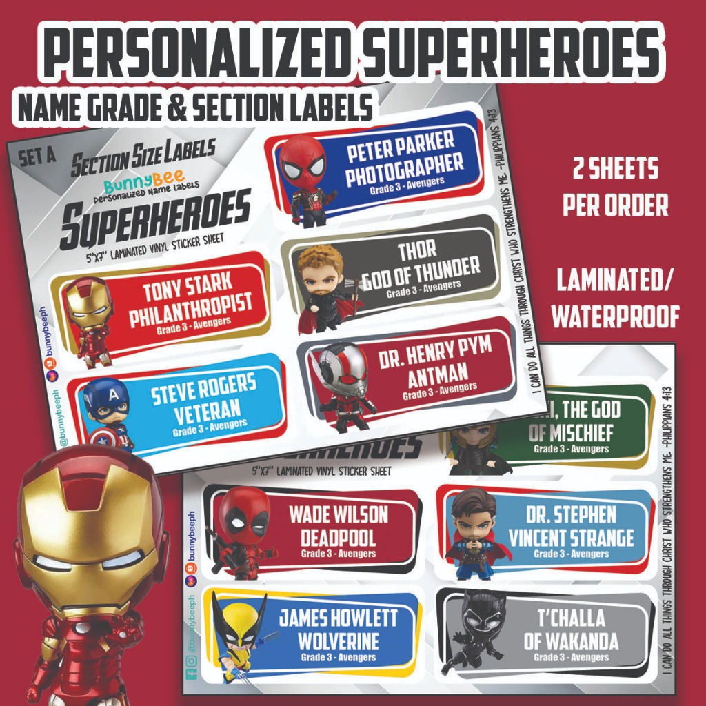 Personalized SUPERHEROES Name Grade & Section Labels Laminated ...