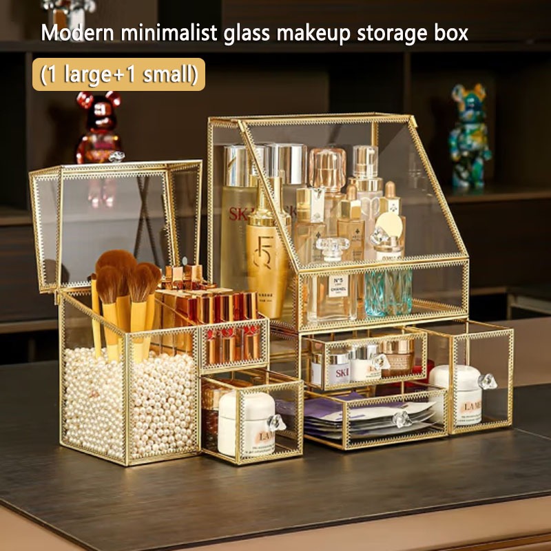 Light luxury makeup case combination glass makeup storage box makeup ...