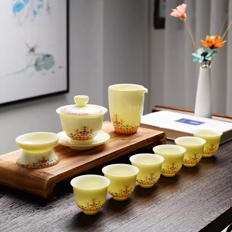 White porcelain enamel colored tea set gift box set, nine piece tea cup ...