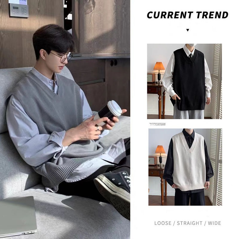 Knitted Vest Sweater V Neck Men s Sleeveless Casual Sweater Vest For Men College Style Sweater Tops Shopee Philippines