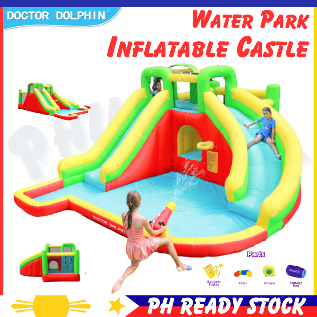 DOCTOR DOLPHIN Inflatable Castle Sprinkler Slide Double Slide ...