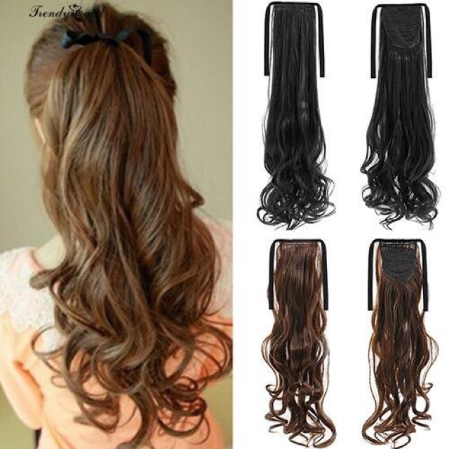 Long Curly Drawstring Ponytail Black Brown Synthetic Fake Hair ...
