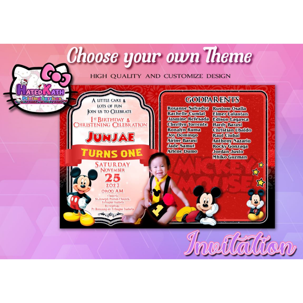 CUSTOMIZED INVITATION CARD BIRTHDAY Christening Mickey Mouse