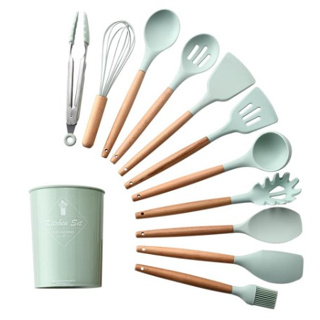 1set Nordic Style White Silicone & Wood Cooking Utensils Set (Detachable),  High Temperature Resistant, Including Spatula, Soup Ladle, Serving Spoon,  Food Tongs, Kitchen Essential Tools