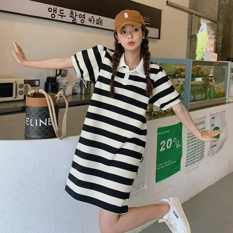 Korean Fashion A-Line Dress for Women Summer Polo Collar Casual Dresses  Striped Office Lady Loose | Shopee Philippines