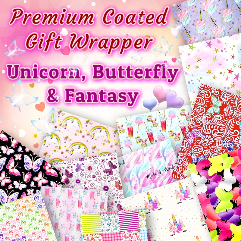 FSI Unicorn, Butterfly & Fanatsy Coated Premium Gift Wrapper 10 pieces ...