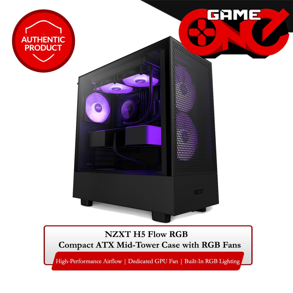 NZXT H5 Flow RGB Compact ATX Mid-Tower PC Gaming Case – High Airflow  Perforated Front Panel Tempered Glass Side Cable Management 2 x F140 Core  Fans