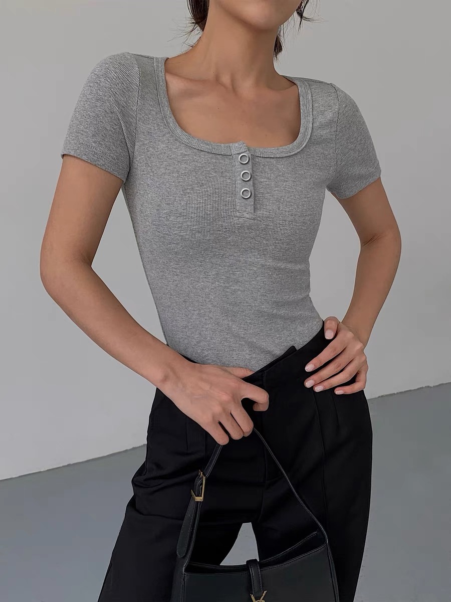 Angelcity Square Neck With Buttons T Shirts Short Sleeve Korean Fashion