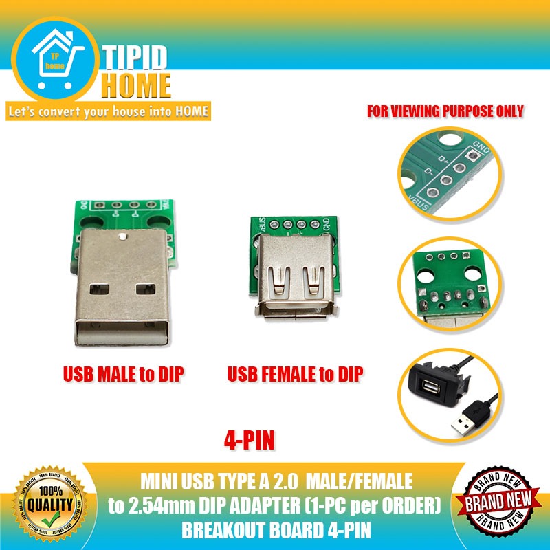 MINI USB TYPE A 2.0 MALE/FEMALE to 2.54mm DIP ADAPTER (1-PC per ORDER ...