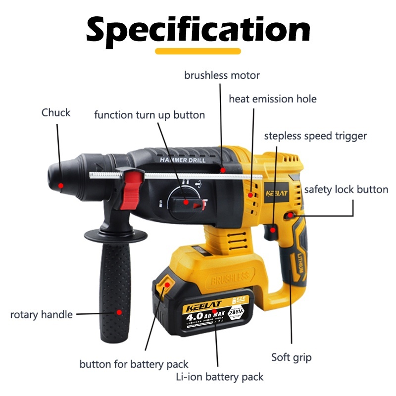 KEELAT Rotary Hammer Drill Electric Cordless Brushless Hammer lmpact