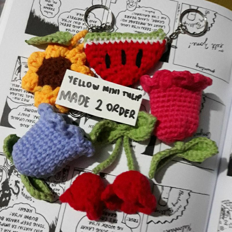 CROCHETED FLOWER KEYCHAINS (TULIP, DOUBLE MINI TULIP, WATERMELON