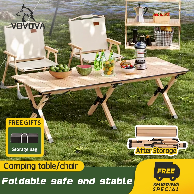 VOVOVA Camping Folding Table Outdoor Natural Wood Egg Roll Table