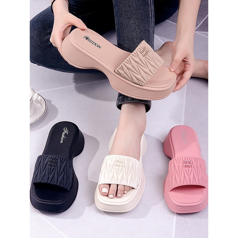 2023 Summer Thick-Sole Muffin Square Head Pleated Candy Color Casual ...