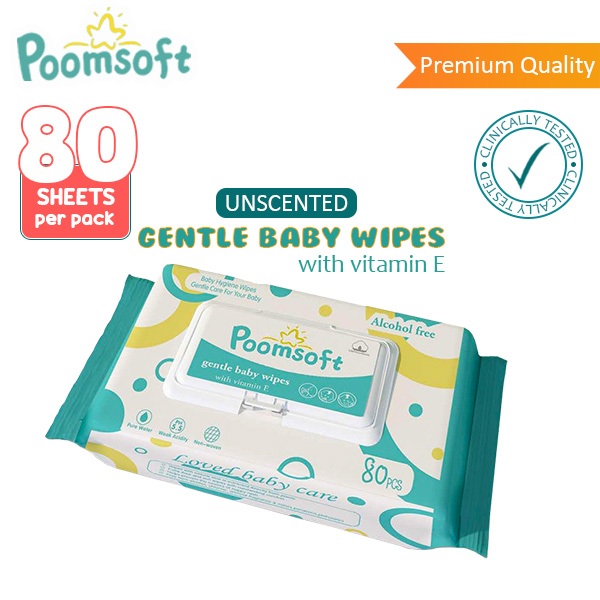 Poomsoft 80 Pcs AlcoholFree Unscented Baby Wipes Wet Tissue Wipes Baby