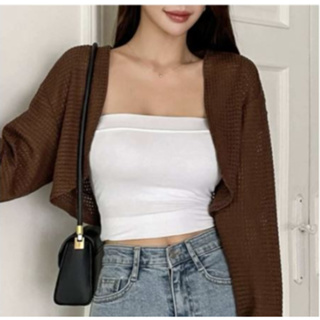 Waffle Knitted Drop Shoulder Top Cardigan Button Front Crop Top Longsleeves