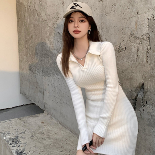 Korean Polo Collar Sexy Knitted Dress Slim Long Sleeved Sweater Short Skirt For Women 1212 7800