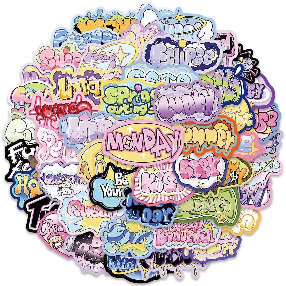 xs344-50pcs Cartoon Colored Lettering graffiti waterproof sticker ...