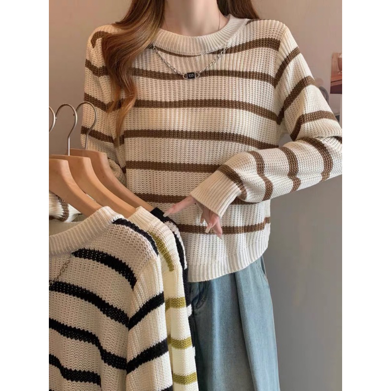 Korean Fashion Knitted Stripe Sweater Long Sleeve Fit S-L (no chain ...