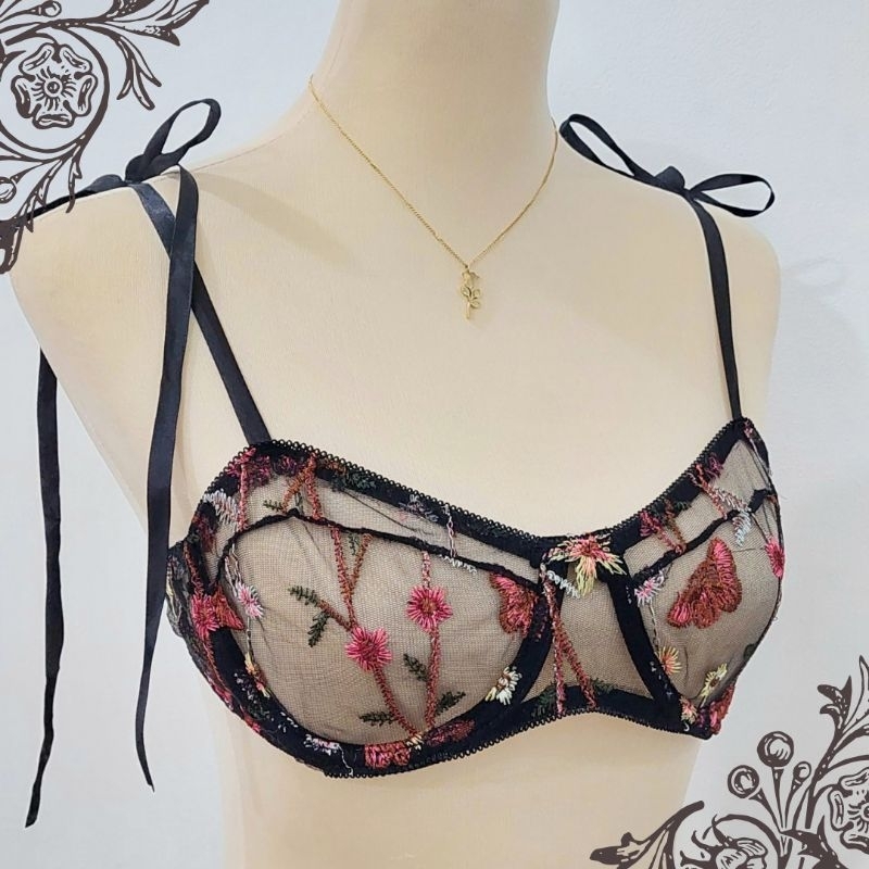RIBBON-TIE STRAPS STYLE FLORAL MESH BALCONETTE UNDERWIRE BRA | Shopee ...
