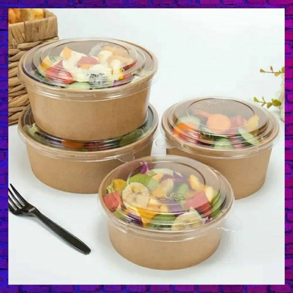 Kraft Salad Bowl Paper Brown with LID 10pcs per size 500ml 750ml 1000ml ...