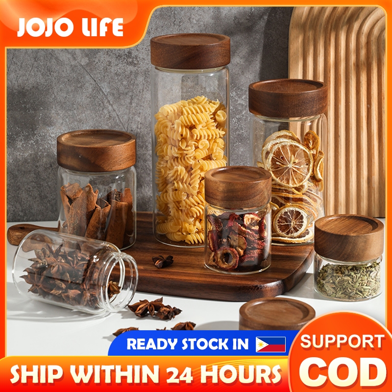 【COD】Thickened glass sealed storage tankAcacia wood lid screw airtight ...