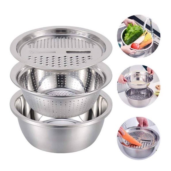 3pcs Stainless Drain Basin Graters Peeler Set Soup Pot Vegetables ...