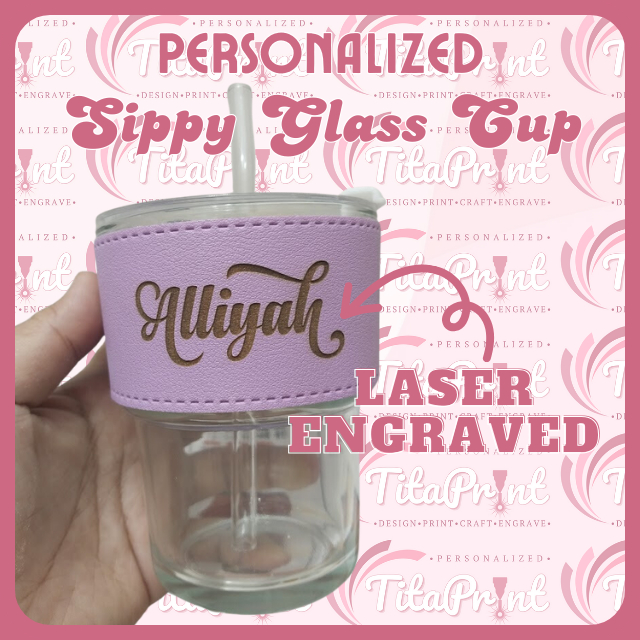 PERSONALIZED Sippy Glass Cup (Laser Engraved) Coffee Glass Mug Tumbler