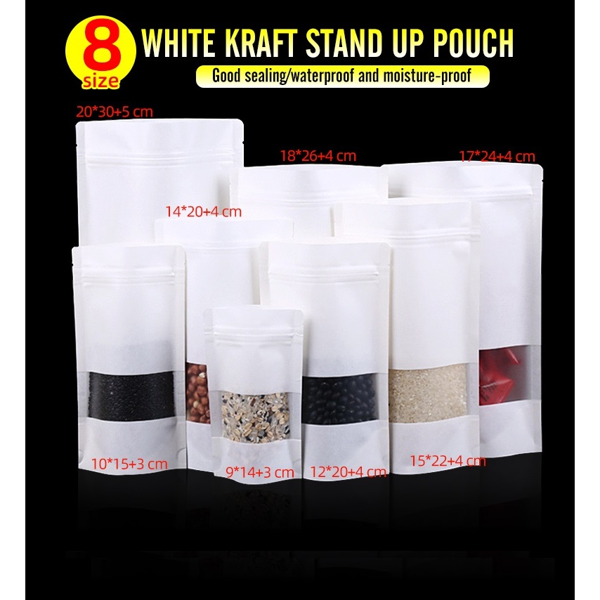 50pcs White Kraft Paper Stand Up Pouch with Window Resealable Pouch ...