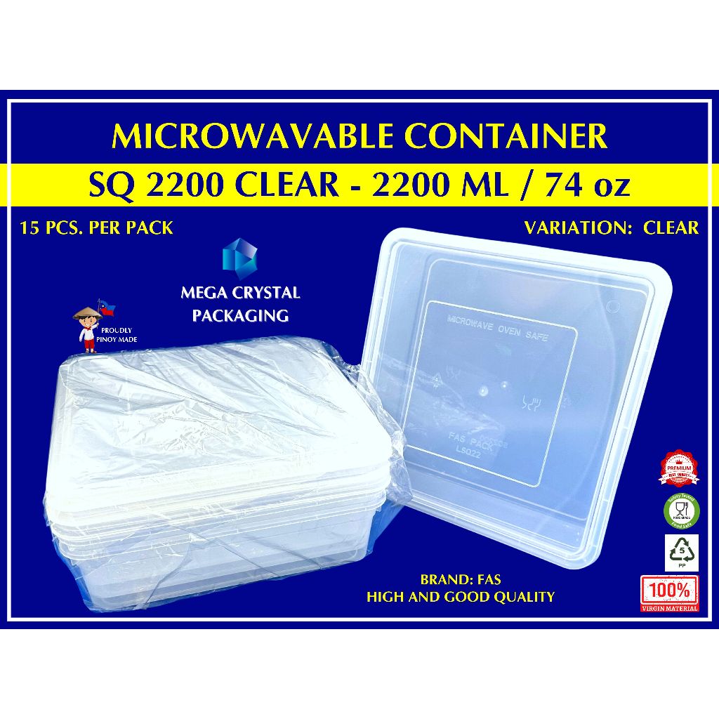 [ 15 Pcs ] Microwavable Container SQ 2200 - Square 2200 ml / 74 oz ...