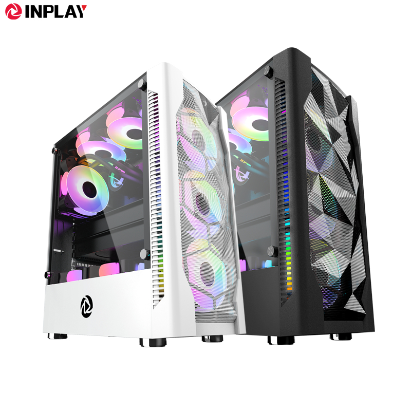 Inplay Meteor Mid Tower Case Tempered Glass Gaming Computer Case Atx Desktop Case Black White