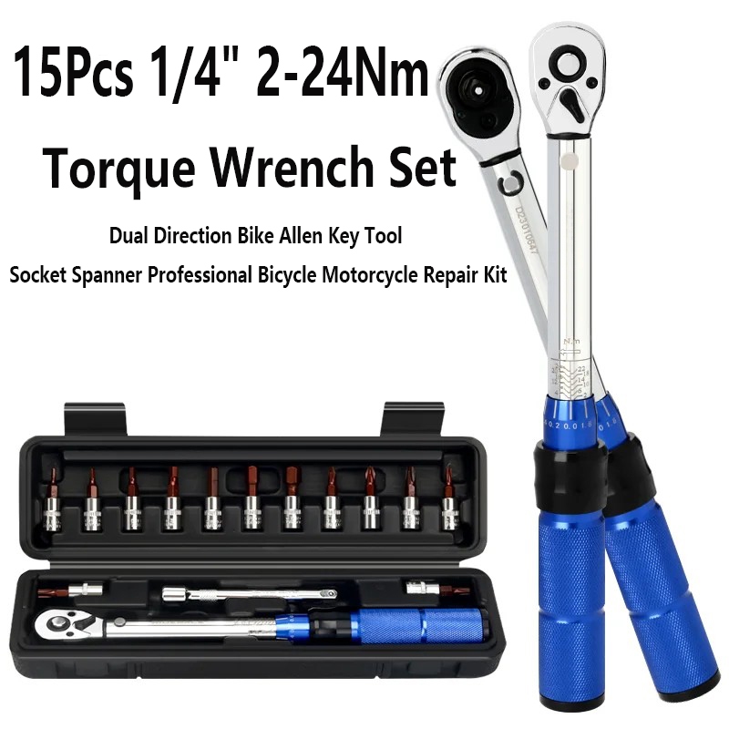 RIDERACE Bicycle Torque Wrench Set 15Pcs 1/4" 2-24Nm Dual Direction Bike Allen Key Tool Socket Spanner Pro Motorcycle Repair Kit