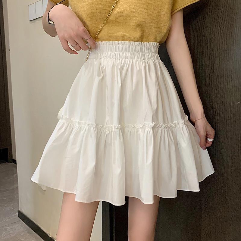 White Skirt Elastic Waist Ruffle Edge Short Skirt Women Pleated A line Skirt