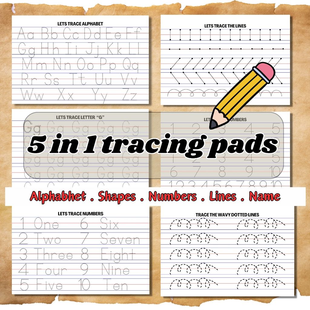 Tracing pads 30 leaves each pad (name, shapes, lines, numbers, alphabet ...