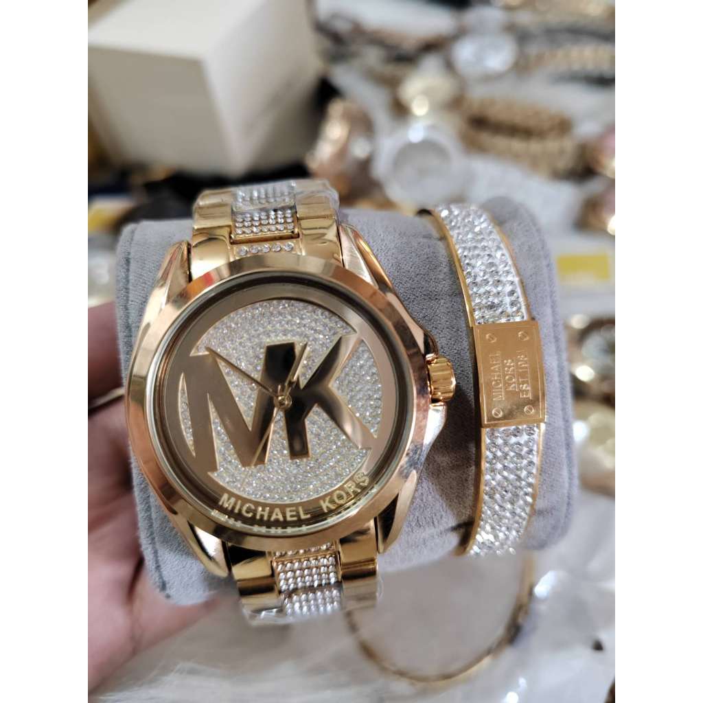 pawnable mk watch with 1bangle mk logo glitz gold-tone mk6487 | Shopee ...