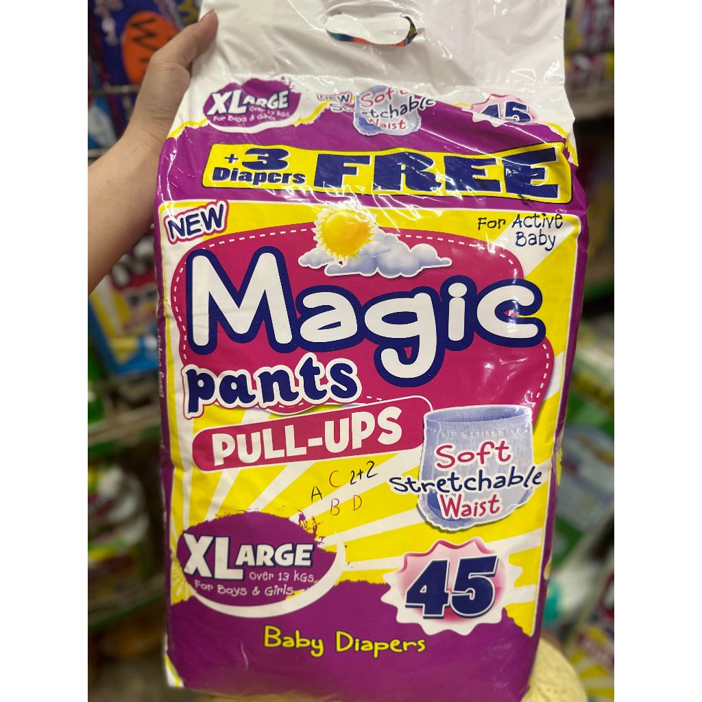 New MAGIC Pants PULL-UPS [XLarge 45 + 3 pcs FREE] Baby Diapers Over 13kgs  Boys and Girls | Shopee Philippines