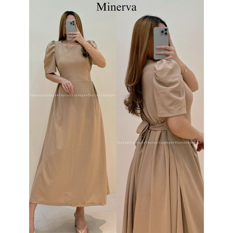 MINERVA SHEERING PUFF SLEEVE PLAIN CREPE FABRIC DRESS | taytayfindsph ...