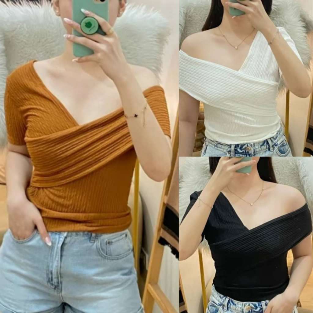 Korean Top For Women 2026.Korean Fashion 2-Way Fashionable Sexy Top Bark Crepe Off Shoulder Tops ...